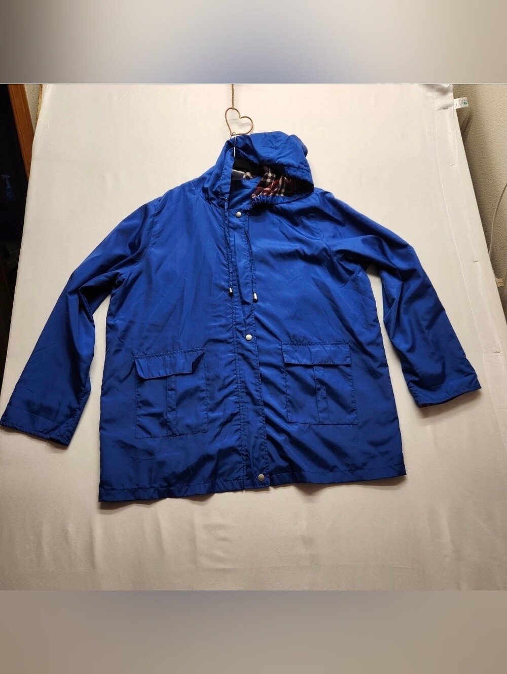⭐️Vintage Blue Plaid Lined Hooded Rain Jacket XL Coat Slicker Fall Streetwear